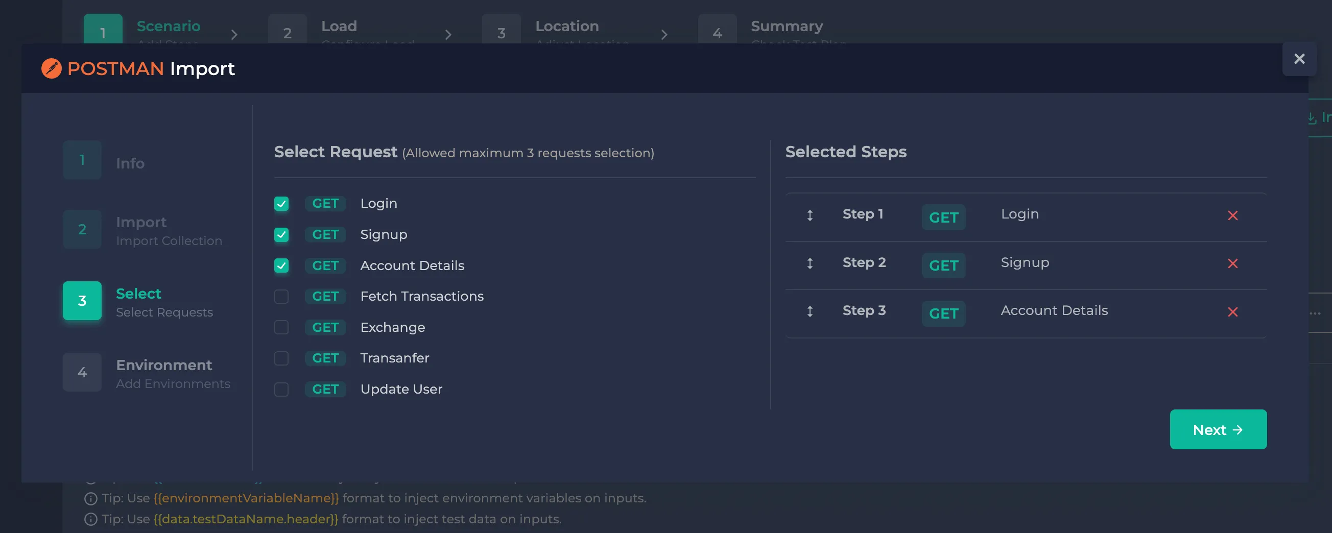 Postman import requests selection